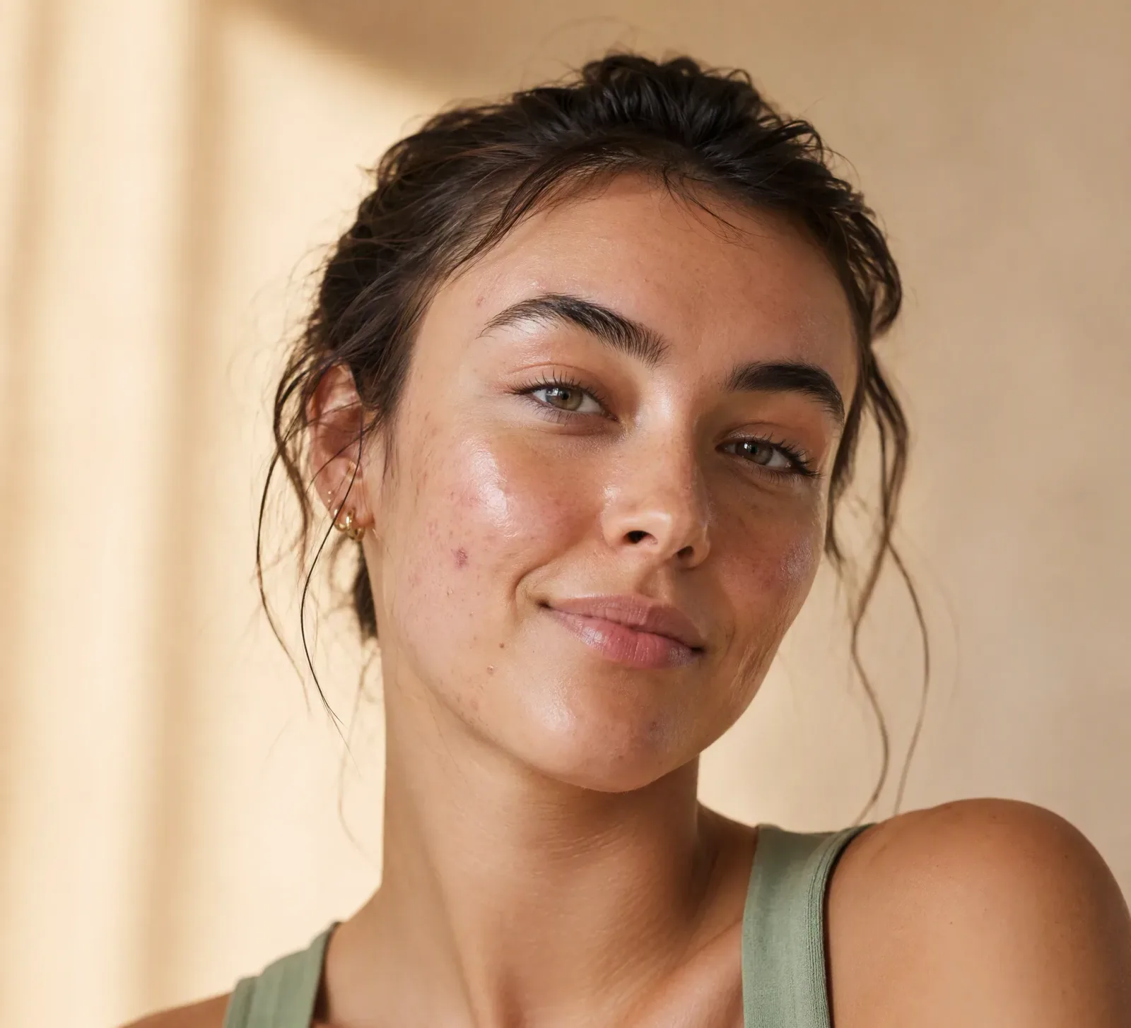 Woman with acne smiling with confidence