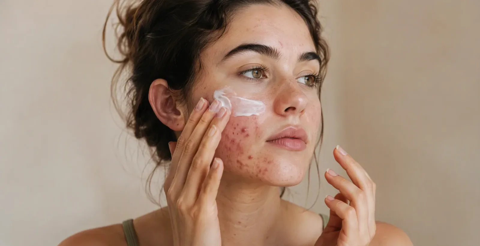 Woman applying treatment cream on acne-prone skin