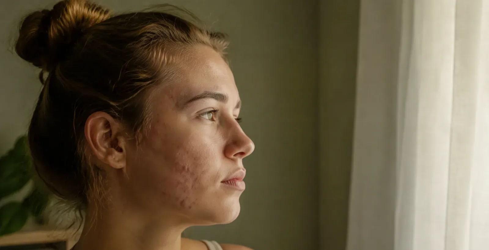 Woman with acne looking out the window