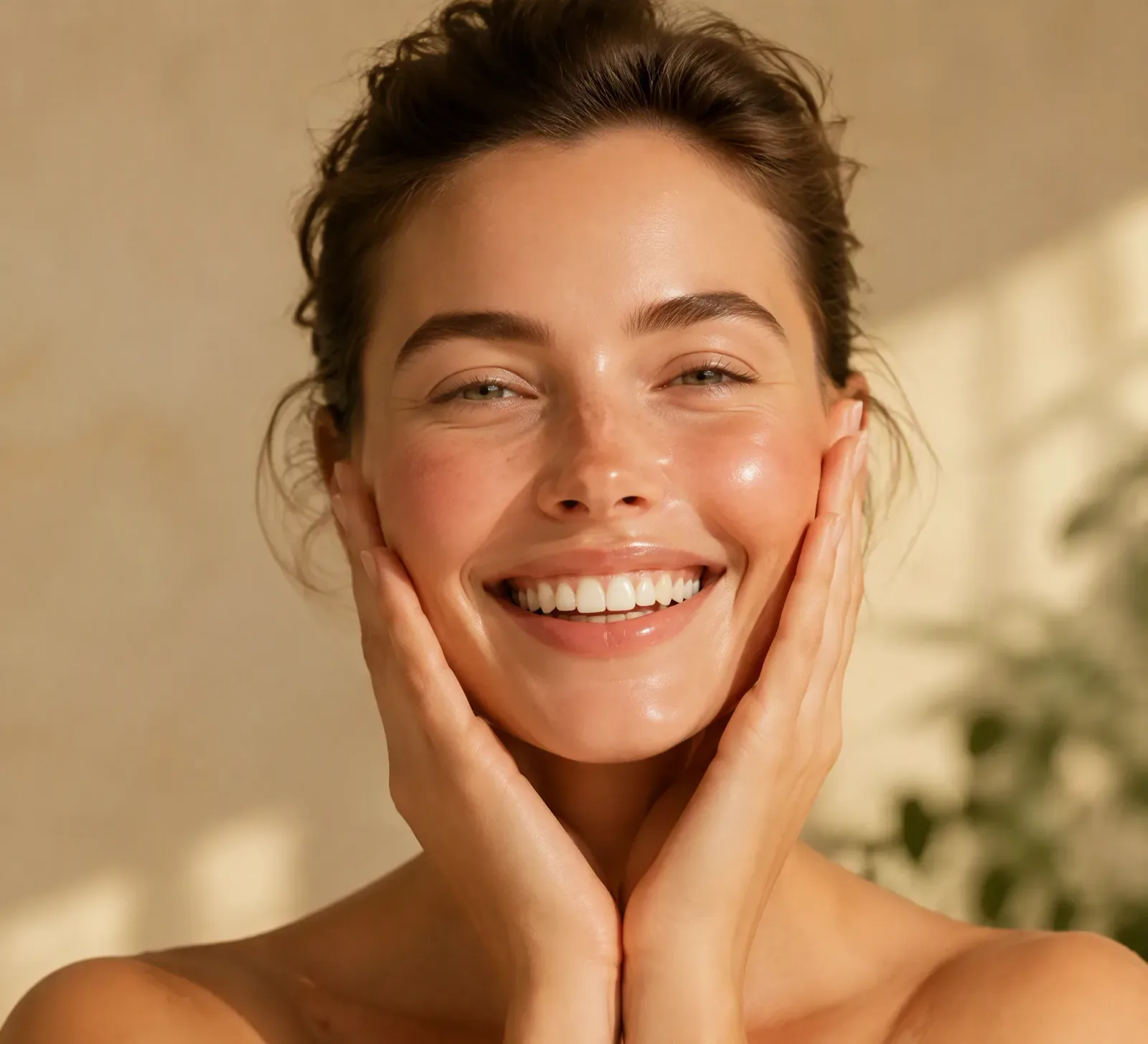 Woman with glowing skin beaming with joy