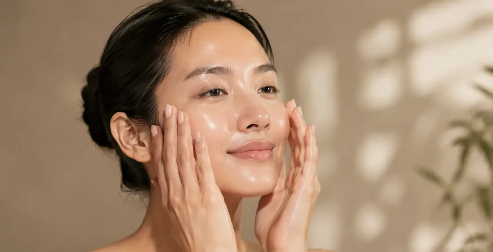 Woman massaging hydrating essence into her skin