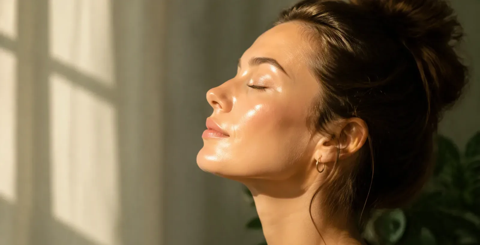 Woman with radiant skin facing the window light