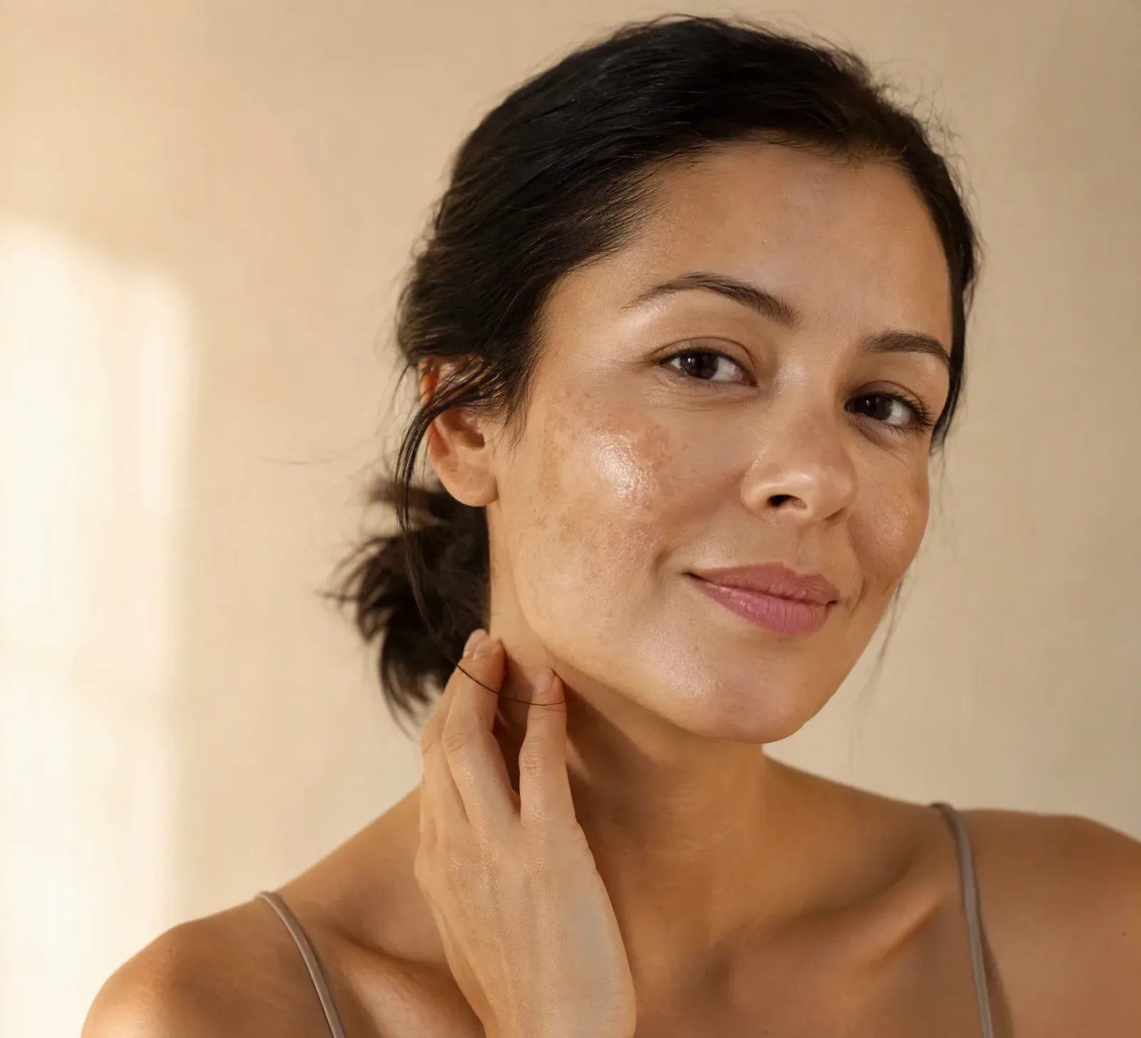 Woman with fading melasma smiling with confidence