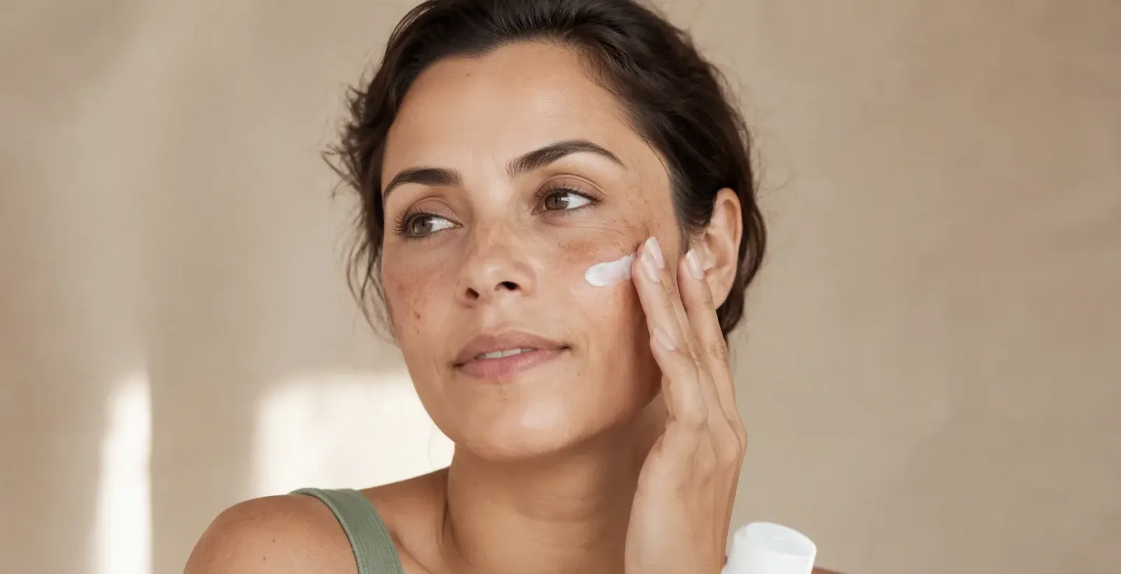 Woman with melasma applying sunscreen
