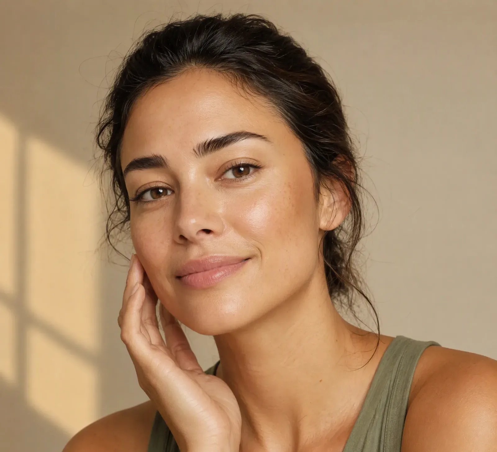 Woman with even skin tone smiling with confidence