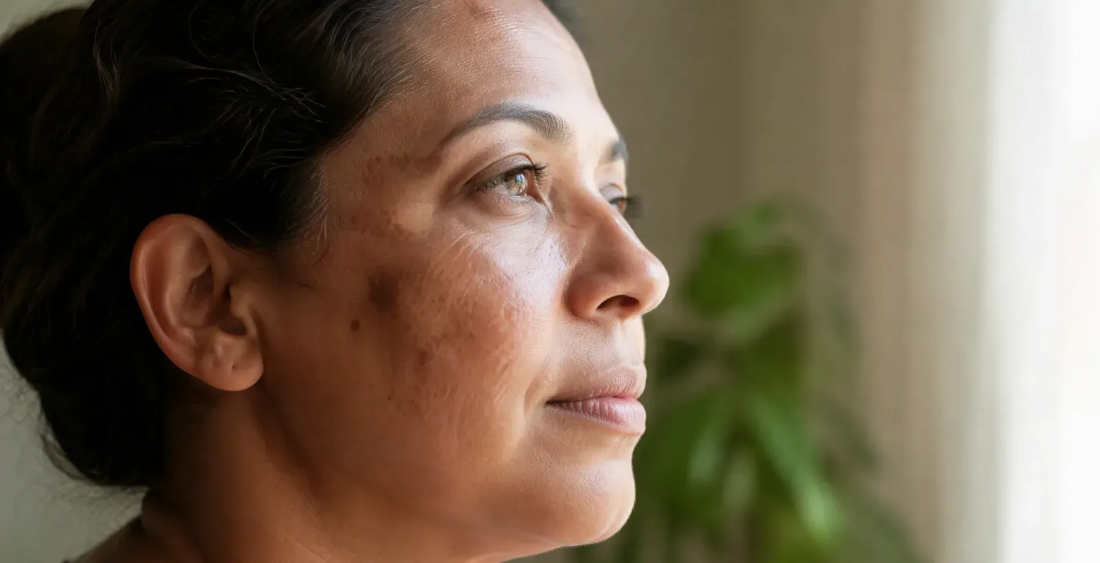 Woman with pigmentation looking out the window